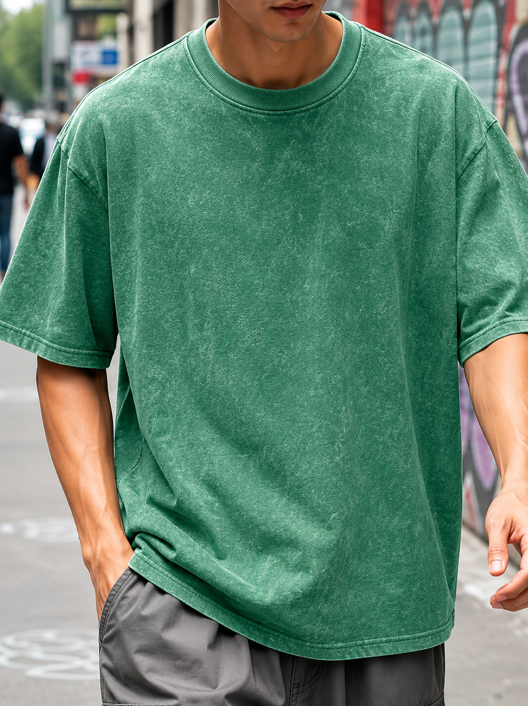 Green - Acid Wash Drop Shoulder T-shirt